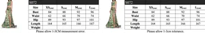 Detailed size chart for green printed two-piece vacation dress with measurements in cm