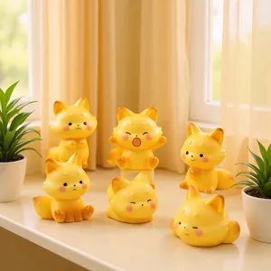 Cute Miniature Fox Figurines Resin Cartoon Yellow Animal Ornaments For Home Desk Car Interior Micro Landscape Decor