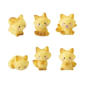 Set of 6 cute yellow fox miniatures in various poses for micro landscape decor