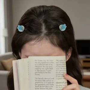 Cute blue rabbit hair clips with marble texture for girls' hairstyles, pair of two