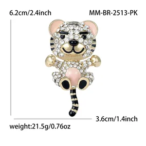 Broche tigre étincelante avec strass et émail rose, épingle animale de 6,2 cm de long
