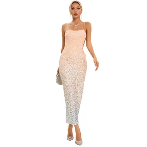Women's slim fit sequin maxi dress with gradient pink to silver ombre and spaghetti straps