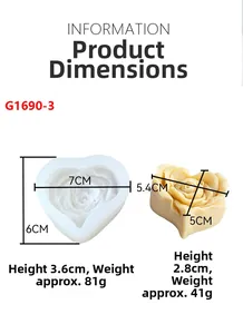 Detailed size specifications for heart rose silicone mold and finished candle dimensions