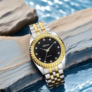 Classic Quartz Watch For Men Women Alloy Two Tone Strap Fluted Bezel Sunray Dial Couple Wristwatch Business Style Jewelry