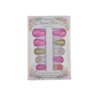 Pink almond press-on nails with 3D flower carvings and gold foil patterns, 24pcs set