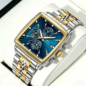 Men Business Square Quartz Watch Chronograph Luminous Date Waterproof Stainless Steel Strap Fashion Luxury Wristwatch