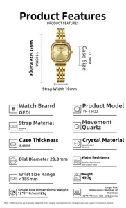 Detailed view of women's gold square quartz watch with 23.3mm case and steel link band