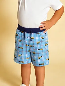 Shorts Décontractés en Coton pour Garçons Pelleteuse Dessin Animé Plaid Imprimé Été Confortable Respirant Pantalons Courts
