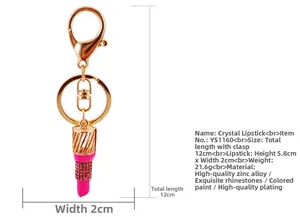 Détails du porte-clés rouge à lèvres serti de strass avec dimensions et poids