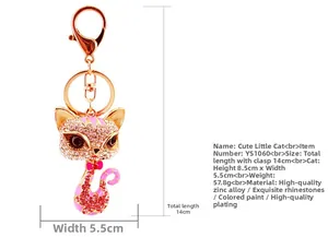Détails du porte-clés chat avec strass roses, en alliage de zinc, longueur totale de 14 cm