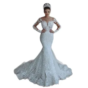 Robe de mariée sirène élégante en dentelle avec décolleté en V, manches et longue traîne