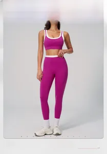Detail view of purple yoga set with high waist leggings and breathable sports bra