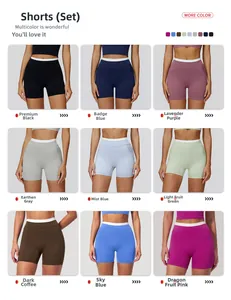 Detail view of high waist yoga shorts with contrast waistband in nine vibrant colors