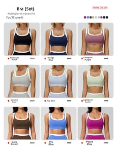 Close-up of seamless yoga bra set with contrast binding in nine vibrant color options