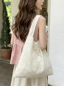 Minimalist white lace embroidery canvas tote bag for women with wide shoulder strap
