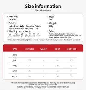 Size chart for seamless ribbed yoga set including measurements and washing instructions