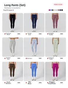 Nine color options for high-waisted ribbed yoga leggings including blue, purple and green