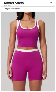 Close-up of dragon fruit pink ribbed yoga set with contrast white waist and neckline