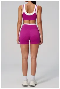 Back view of high-elastic rib-knit yoga set with contrast purple and beige panels