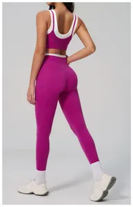 Close-up of high-waist yoga set back view with racerback bra in purple and white
