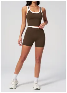 Close-up of high-elasticity yoga set with contrast piping and seamless rib texture