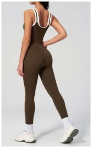 Rear view of brown yoga jumpsuit with double straps and V-shaped back seam detail