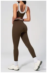 Detailed side view of high-waist yoga set with white contrast trim and sleek fit