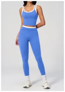 Front view of two-piece blue yoga set with high waist leggings and sports crop top