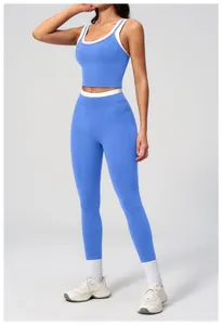 Close-up of contrast blue yoga set with high-waist leggings and U-neck sports bra