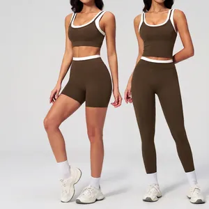 Women's Contrast Color Yoga Set Ribbed High Waist Activewear Top And Bottom Workout Running Fitness Tracksuit Outfit