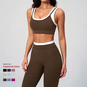 Women's professional olive green yoga set with high waist leggings and contrast piping