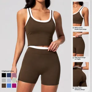 Women's rib-knit yoga set with contrast trim sports bra and high-waist biker shorts