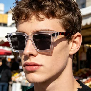 Retro square frame sunglasses for men featuring clear frames and tortoiseshell temples