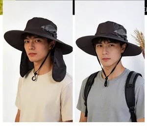 Detail view of water-resistant sun hat with wide brim, neck flap and adjustable chin strap