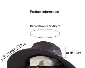 Detailed size chart for breathable sun hat showing 56-60cm circumference and 12cm brim