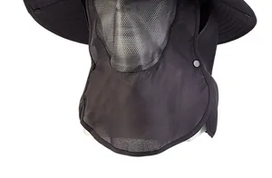 Detail of outdoor sun hat featuring breathable mesh face mask and wide protective brim