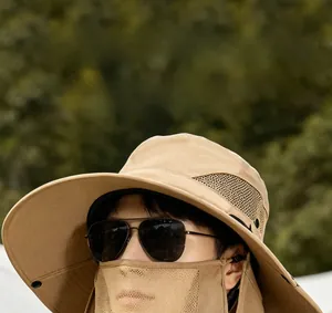 Detail view of khaki sun hat with wide brim, breathable mesh and protective face mask