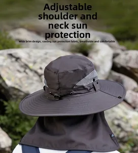 Outdoor sun hat with wide brim, neck protective flap and adjustable rear drawstring