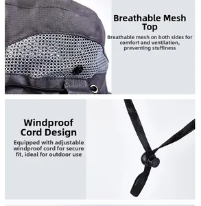 Detail of breathable mesh top and adjustable windproof cord on a grey outdoor sun hat
