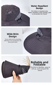 Waterproof sun hat detail showing 12cm wide brim and foldable portable design