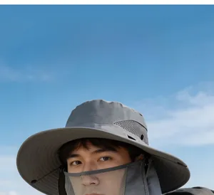 Detail of grey outdoor sun hat featuring breathable mesh mask and neck flap for UV protection