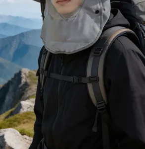 Detail of grey wide brim sun hat with mesh face mask and neck cover for hiking