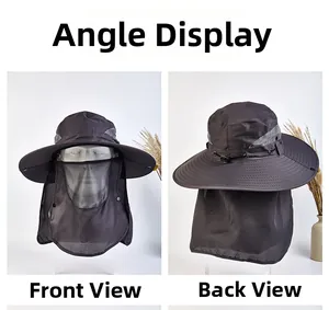 Outdoor sun hat details showing detachable face mask and neck flap in front and back views