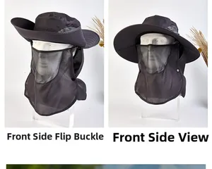 Detail of outdoor sun hat featuring side buckle for brim styling and mesh face shield