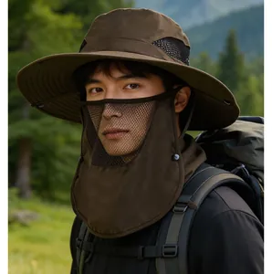 Detail of outdoor sun hat featuring breathable face mask and wide brim in dark brown