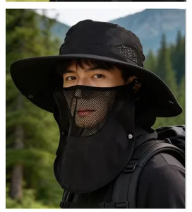 Close-up of detachable face mask and mesh vent on black outdoor sun protection hat