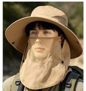 Detail of outdoor sun hat with breathable mesh face mask and neck flap in khaki color