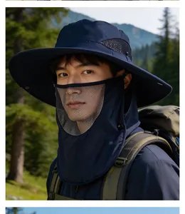 Close-up of dark blue fishing hat with breathable mesh face mask and wide sun brim