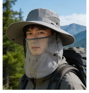 Detail view of a grey sun hat with breathable mesh and detachable neck face protection