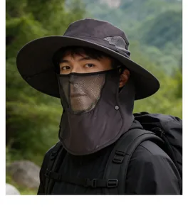 Detail of outdoor sun hat with detachable breathable face mask for hiking and fishing